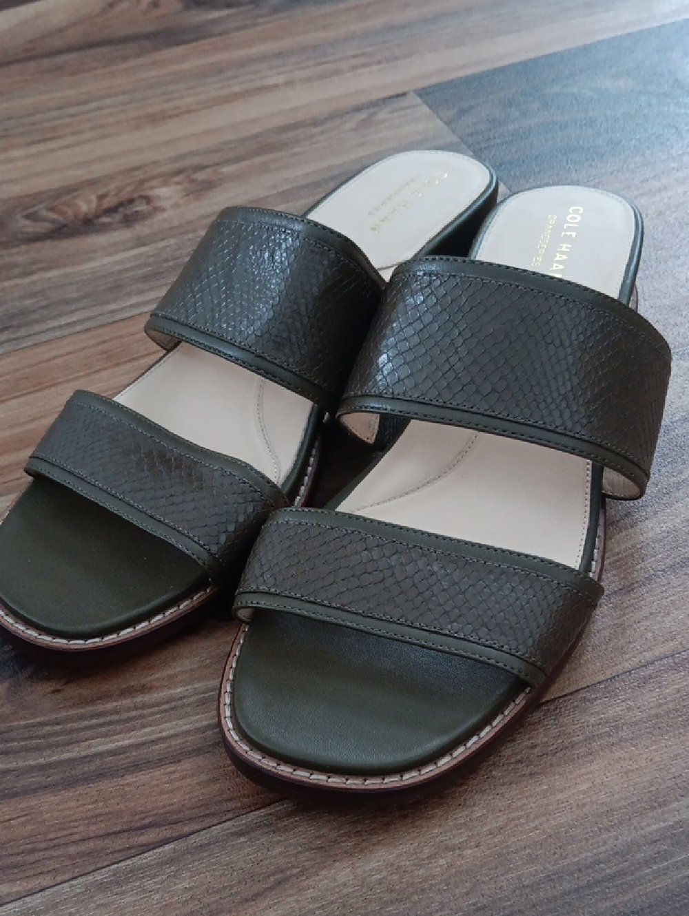 Cole Haan Olive Green  Embossed Leather Double-Strap Slide Sandals - Picture 2 of 5
